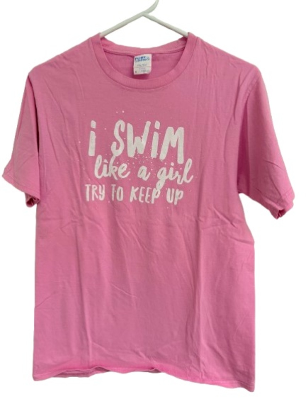 Port and Company Pink Short Sleeve Tee with White 'I Swim Like a Girl' Graphic